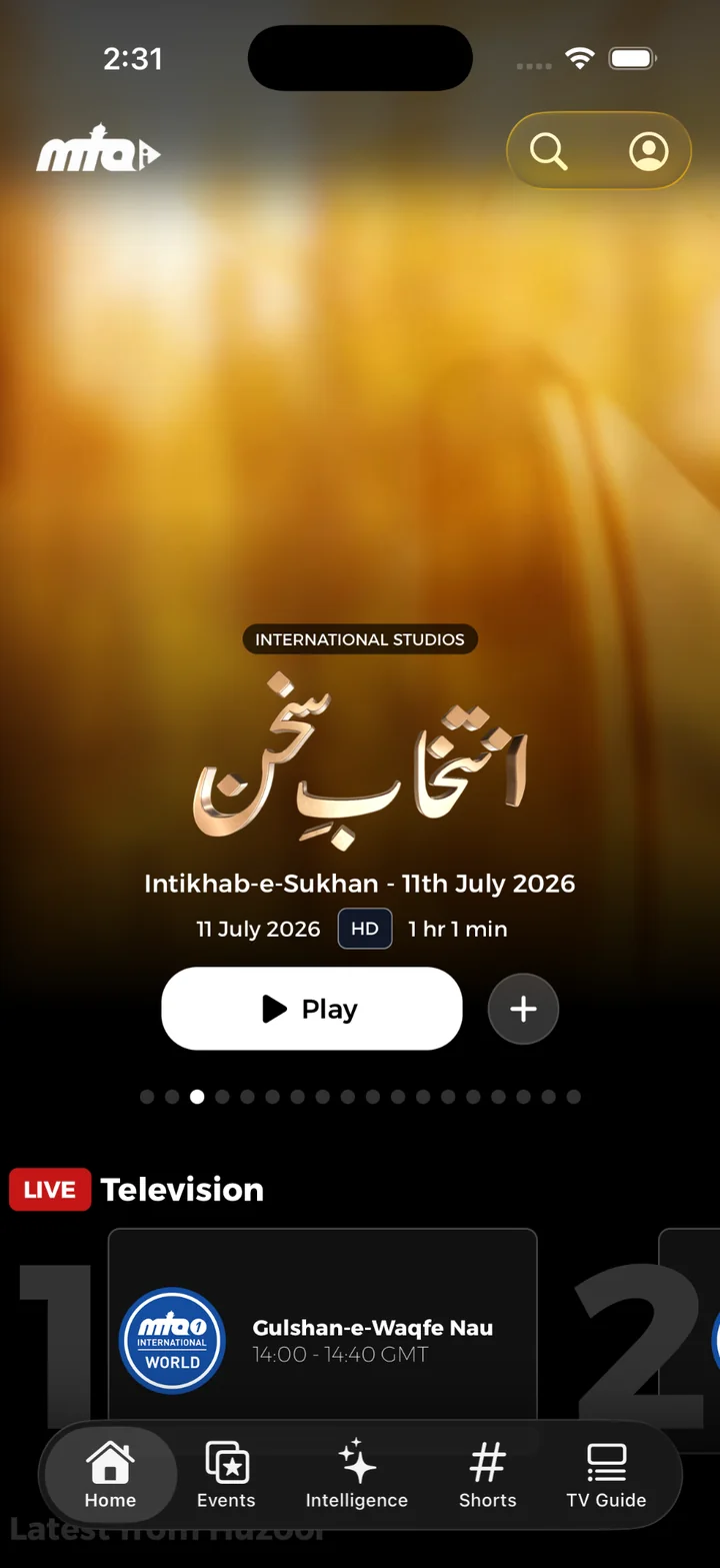 MTAi mobile home screen with a featured programme and live television